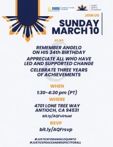 A flyer that details the celebration of NAMI CC and Angelo Quinto Foundation's event, celebrating Angelo Quinto's 34th Birthday.
