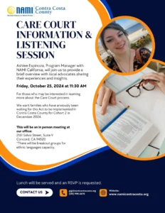 flyer for care court listening session on october 25, 2024 in english.