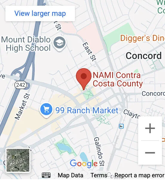 An Image of Google Maps overlooking the area surrounding NAMI Contra Costa.