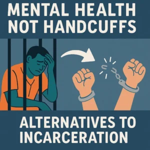Featured image of an individual behind bars being freed. Mental health, not handcuffs. Alternatives to incarceration.