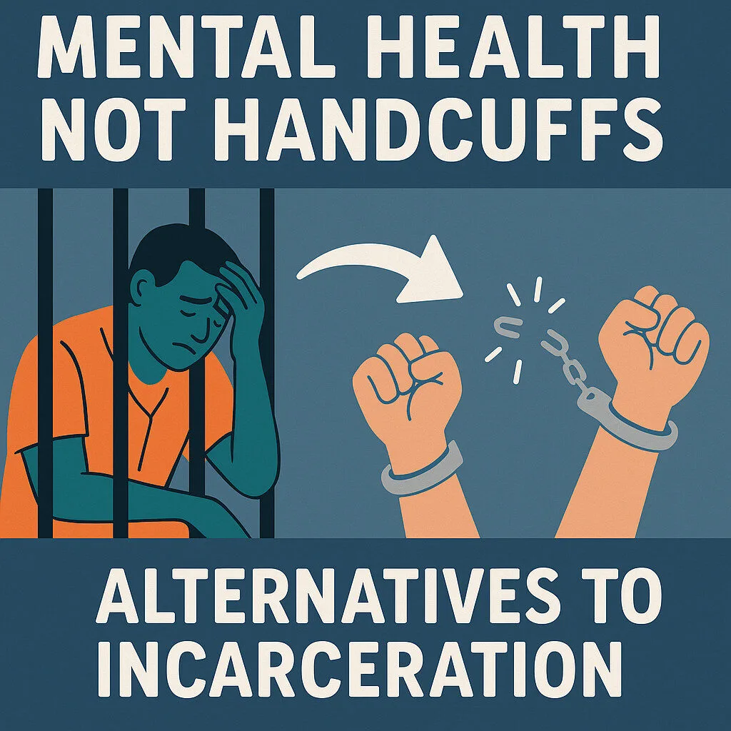 Featured image of an individual behind bars being freed. Mental health, not handcuffs. Alternatives to incarceration.
