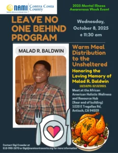 a flyer for a warm meal event fulfilled by NAMI CC's Leave No One Behind Program.