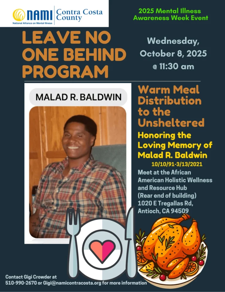 a flyer for a warm meal event fulfilled by NAMI CC's Leave No One Behind Program.
